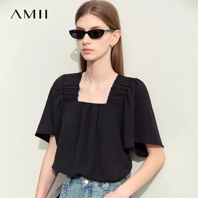 AMII Minimalism Women's Chiffon Blouses 2026 Summer New French Style Tops Loose Pullovers Office Lady White Shirts 72342022