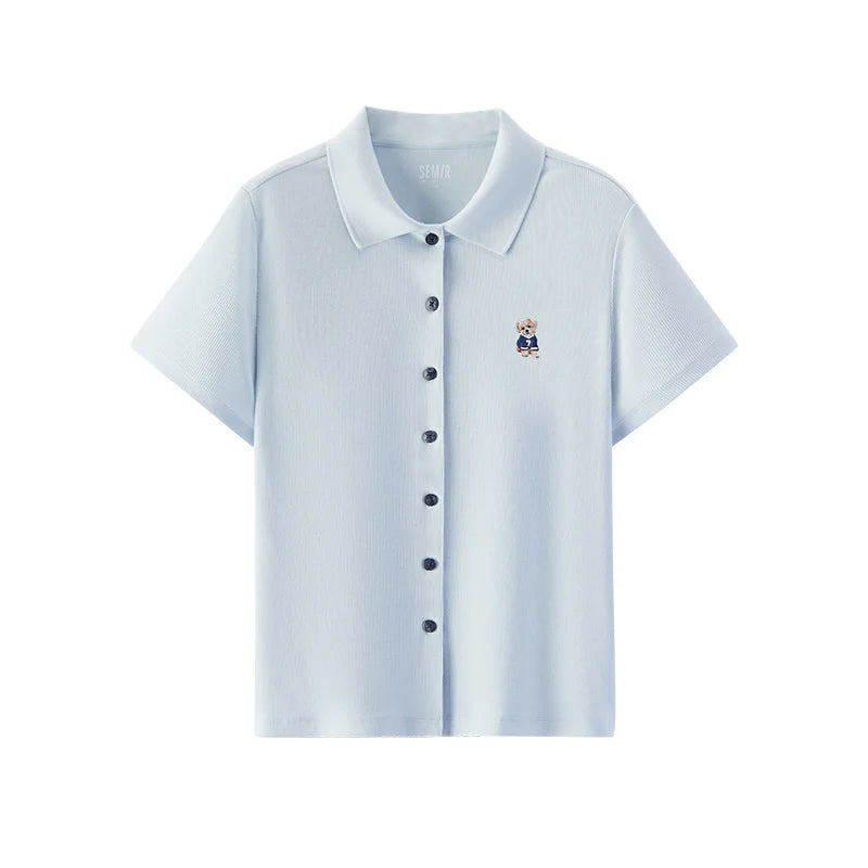 Semir Women Polo Shirt Puppy Embroidery Slim Straight Shoulder Summer 2026 Minimal Cardigan Style Casual Fashion Top