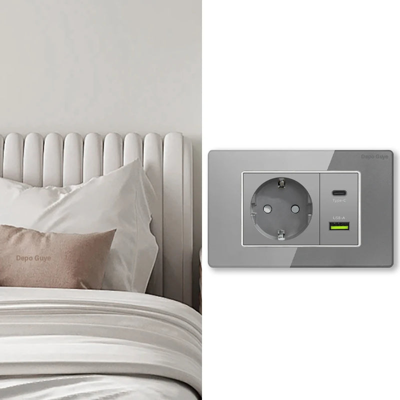 Type 118 Grey Tempered Glass Panel EU Wall Light Switch,Europe Wall Socket With USB Type-c 18W Quick Charge Outlet 118*75mm