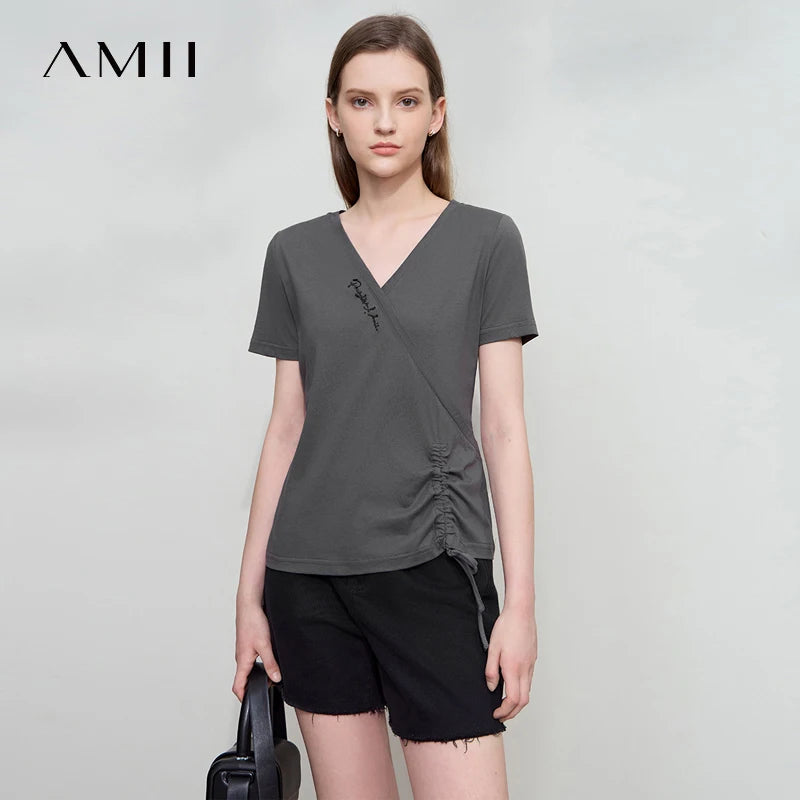 Amii Minimalism Casual T-shirt 2026 Summer New Women Solid Color V-neck Office Lady T-shirt Cotton Pleated Comfort Tops 12522137