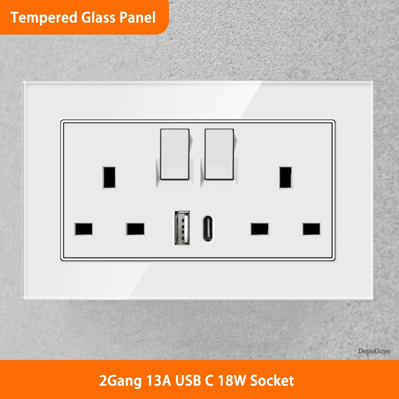White Universal UK 13A Socket with USB Type-C 18W Fast Charging Wall Socket,Tempered Glass Button Light Switch,Dual 3pin Socket