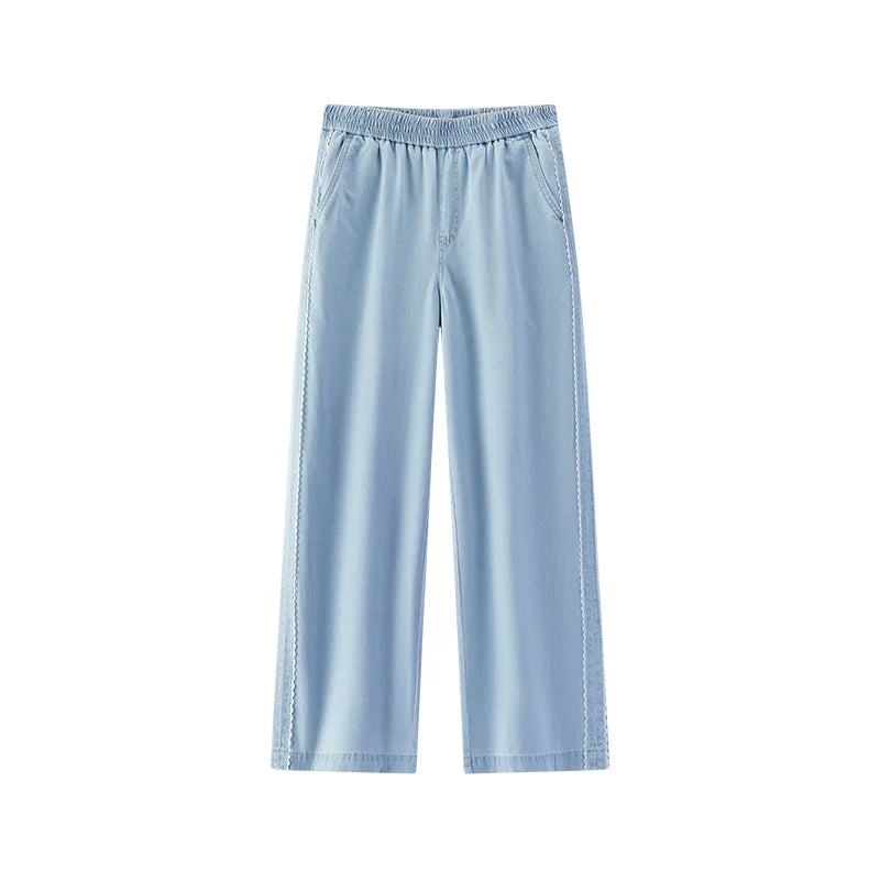 Semir Women Pants Denim Lace Trim Loose Wide Leg Lazy Temperament Floor Length 2026 Summer Fashion Casual Top