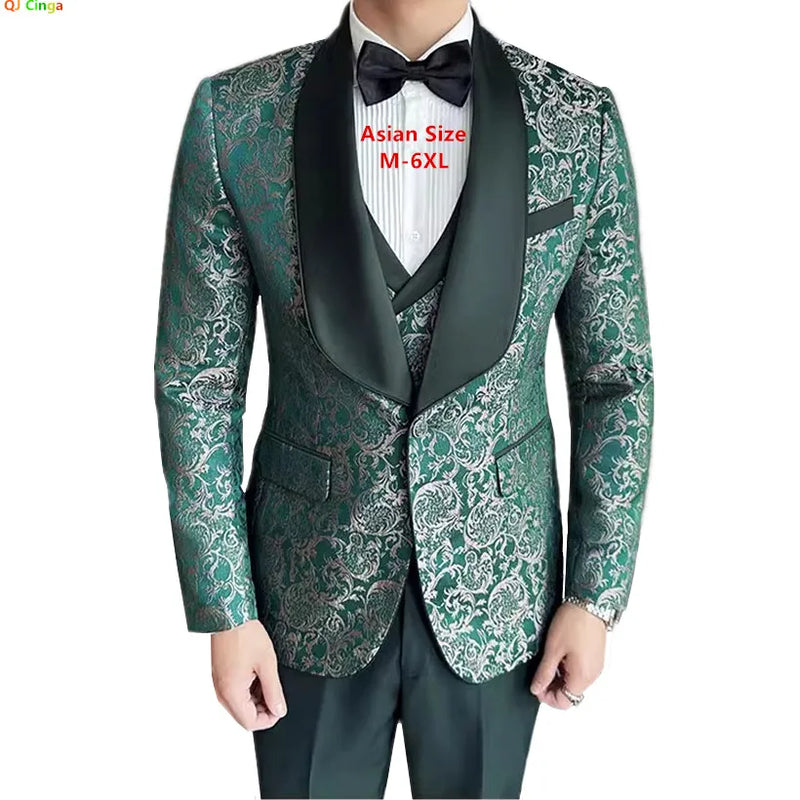 2026 New Men's Apricot Embroidered Suit 3-Piece, Jacquard Fabric Dress Jacket and Vest with Trousers, Branded Clothing