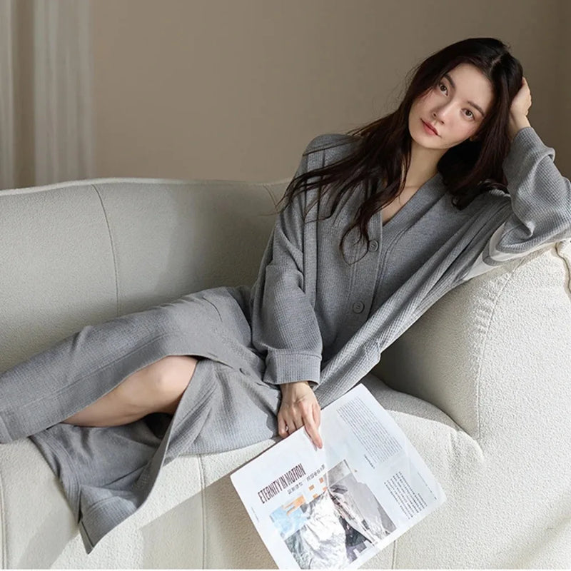 Soft Women's Nightgown Loose One Piece Pajamas Spring Autumn Long Sleeve Cardigan Button Night Dress Woman 2026 New Loungewear
