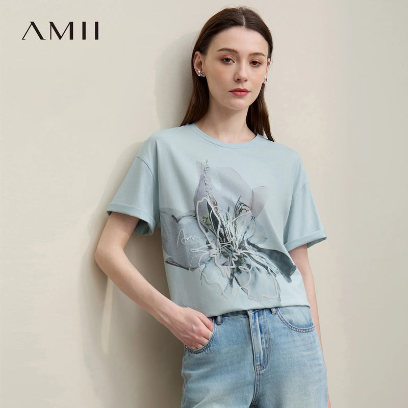 Amii Women's T-shirt Crew Neck Drop Shoulder Short Sleeve Tee 2026 Summer New Soft Cotton Blend Casual Loose Fit Top 12642017