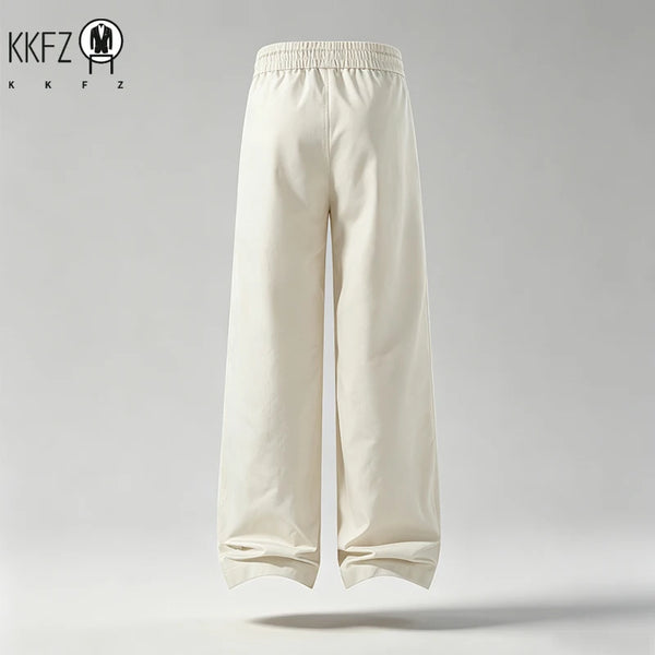 Mens Streetwear Wide Leg Trousers Elastic Waist Long Drawstring Loose Silhouette Side Embroidery Light Fabric For Commute