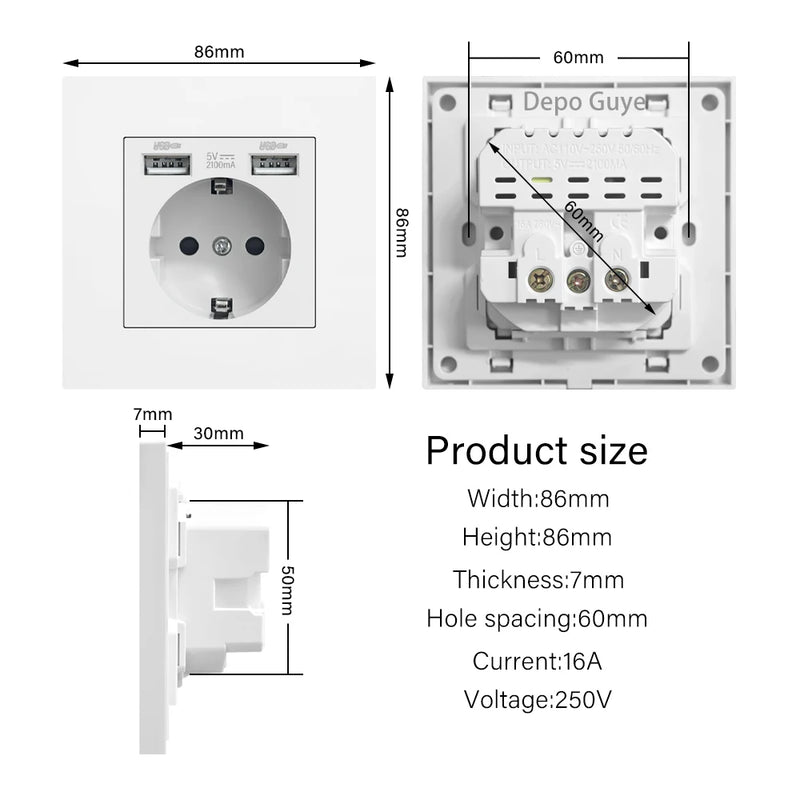 EU Power Socket ,Socket With 2USB Charging Port 2.1A,White Gray PC Panel 86mm*86mm Russia Spain Korea 16A Wall Socket for home