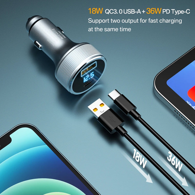 ឆ្នាំងសាករថយន្ត USB 54W Quick Charge 3.0 សាកថ្មលឿន Type C QC PD3.0 អាដាប់ទ័រឆ្នាំងសាកទូរស័ព្ទចល័តសម្រាប់ iPhone Xiaomi Samsung Huawei