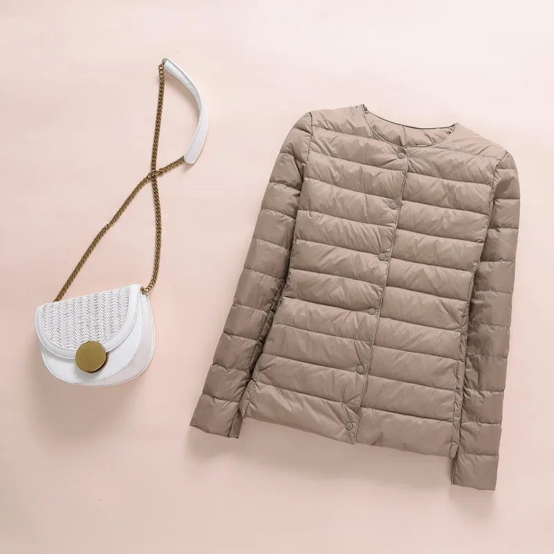 Winter Red Light/Thin Women's Round Neck Long Sleeve Jacket, White Blue Gray Khaki Available, Asian Size S-3XL Female Coat