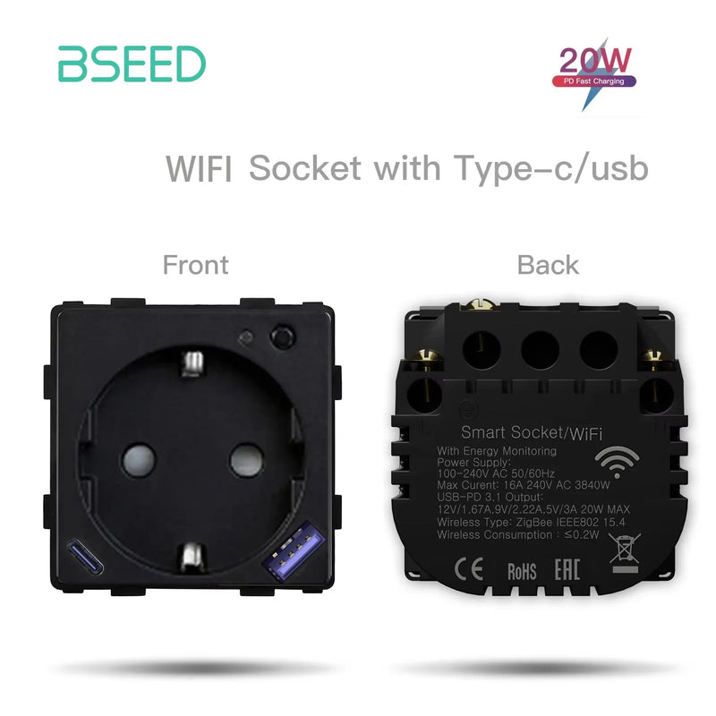 BSEED 1/2/3Gang Matter Touch Switch Module Smart Light Switch Part Tuya Smart Life APP EU Socket Outlets Glass Panel Combination