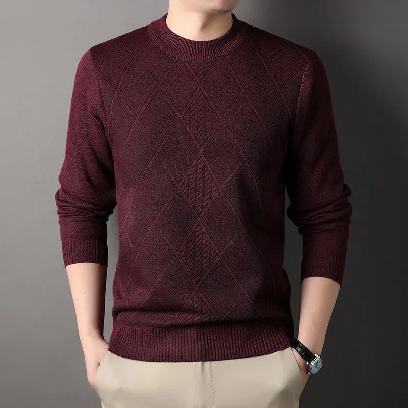 Stretch Crew Neck Male Knitted Pullover Embossed Diamond Pattern Fleece Lined Cold Proof Casual Long Sleeve Top