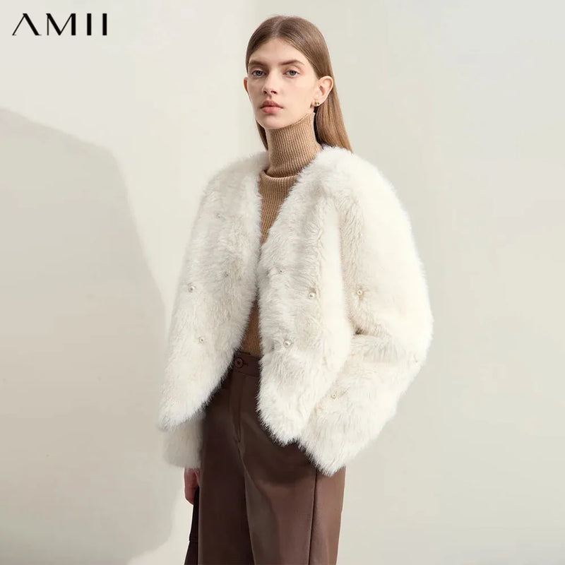 AMII Minimalist 2026 Winter New Women's Commuter V-neck Handmade Beaded Imitation Mink Fur Loose Warm Plush Jacket 12424021