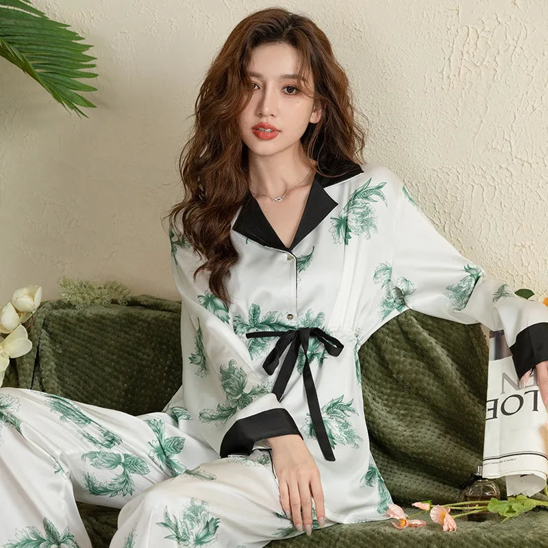 ឈុតខោ pajamas ស្ត្រីបោះពុម្ពទាន់សម័យ អាវកាឌីហ្គែន អាវក្រៅ អាវសូត្រសាទីនថ្មី ឈុតគេង Pijama អាវដៃវែង សម្លៀកបំពាក់នៅផ្ទះពេលយប់