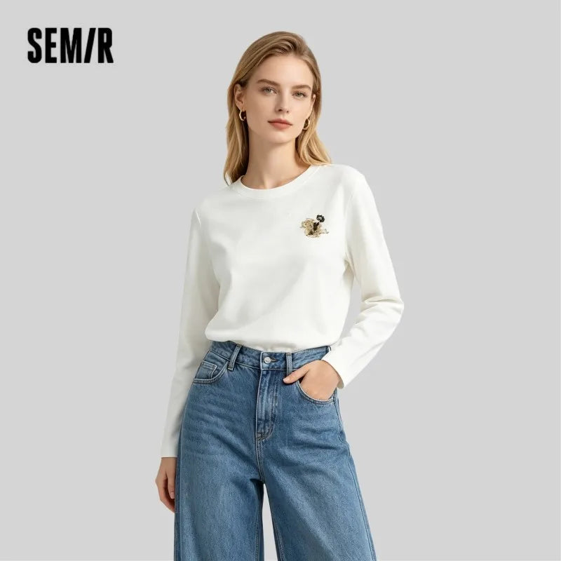 Semir Cotton Tshirt Printed Long Sleeve Women 2025 Spring Loose Fit Basic Daily Casual Fashion Comfortable Pullover Top