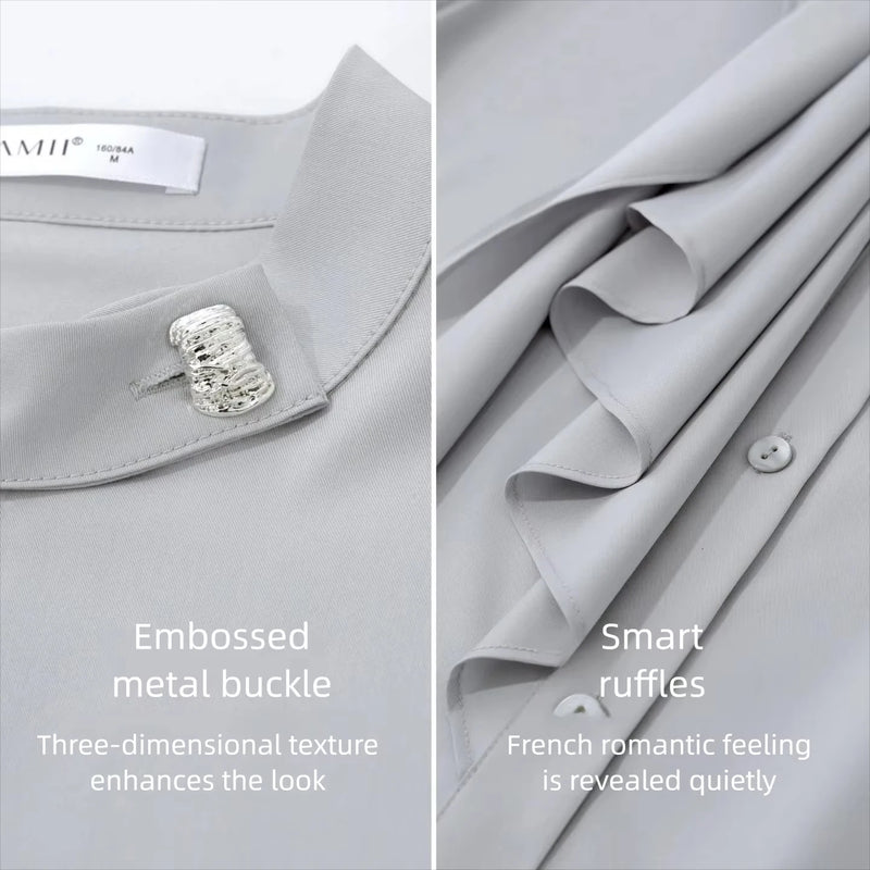 Amii Women Shirt 2026 Summer New Stand Collar Tie Drop Shoulder Short Sleeves Blouse French Style Elegant Chiffon Top 12642105