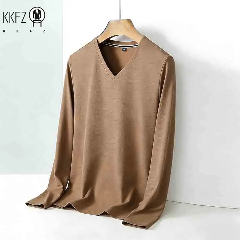 2026 New Men's Brown V-neck Long Sleeve Shirt Casual Business Commute Top for Office