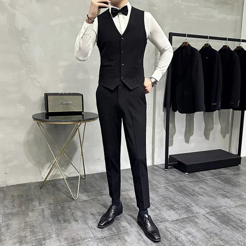 Men's Wedding Solid Color Suit Vest, Groom Groomsman Suit, Black Single-Breasted Slim Fit Waistcoat , Business Casual, M-7XL
