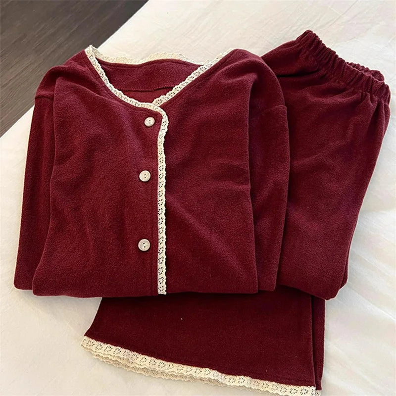 Red Women's Pajamas With Pants Set New Thicken Warm Autumn Winter Woman Clothes Velvet Casual Long Sleeve Sleepwear Home Clothes