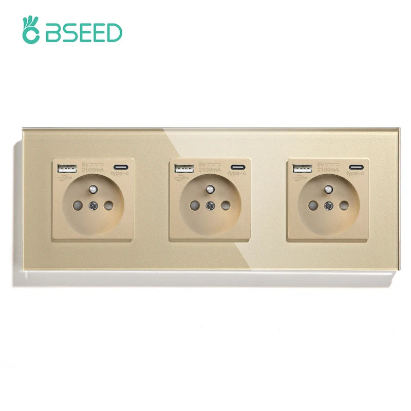 BSEED French Standard Single Wall Power Sockets Double France USB Type-C Port Outlet Crystal Glass Panel Children Protection 16A