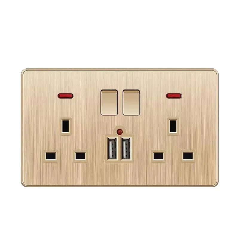 Gold Universal 3/5Pin Plastic Power Socket,UK Wall Outlet With 2.1A Dual USB Port,220V Electrical 2way Switch TV Computer CAT6