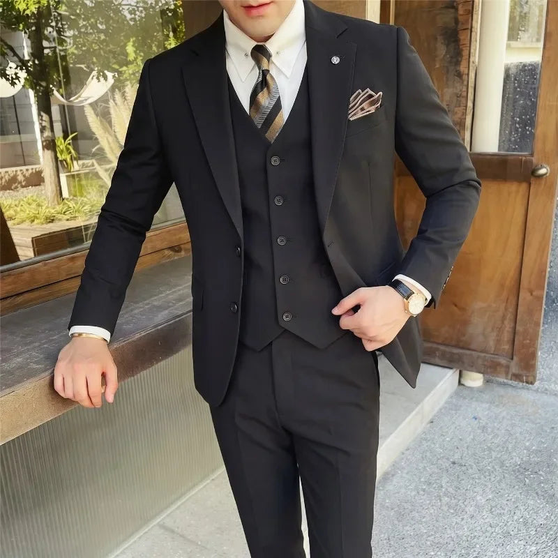 Men's Classic Solid Color Suit Set (Jacket, Vest & Pants) - Durable Anti-Crease Fabric Two-Button Blazer Wedding & Office Wear