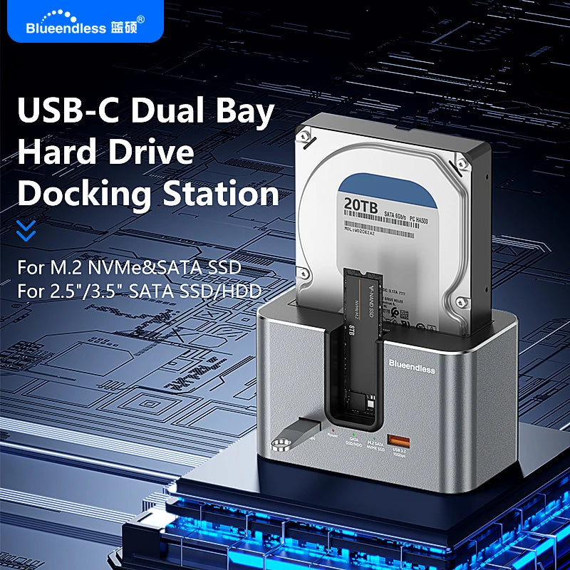 ស្ថានីយ៍ចត HDD SSD Blueendless សម្រាប់ M.2 PCIE NVMe និង M.2 SATA និង 2.5'/3.5' SATA SSD/HDD ជាមួយ USB3.2 HUB HDD/SSD Enclosur