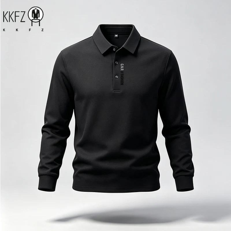 Male Trendy Lapel Collar Polo Top Long Sleeve Button Placket Letter Print For Short Trip Social Meetup And Street Fashion Wear
