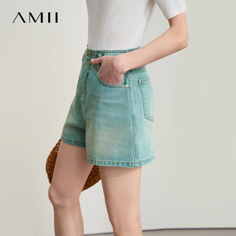 Amii Women's Shorts Minimalist 2026 Summer New Versatile Style Waistband-Free Retro Washed Cotton Casual Denim Shorts 12542225