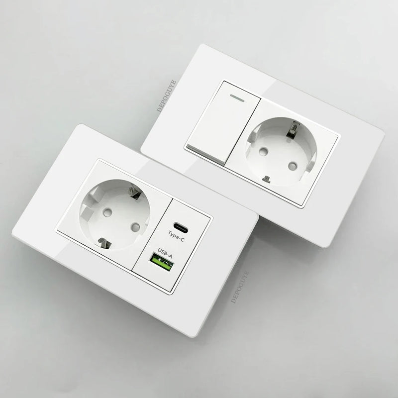 White Tempered Glass Panel Wall Light Switch Rocker Button EU Sockets Fast Charging CAT6 TV Power Outlet 118*75mm 16A AC110-250V