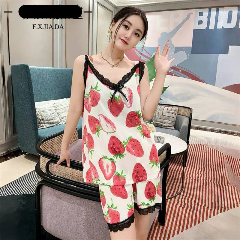 XL-6XL Sweet Thin Sleeveless Tops Shorts Set V Neck Sleepwear Women Plus Size Rayon Nightwear Pajamas Female Loungewear Suit