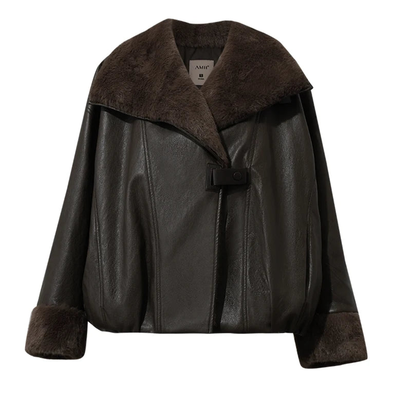 Amii Faux Leather Shearling Collar Jacket Biker Oversized Warm Commuter Minimalist Dark Winter 2026 Women's coat 12644005