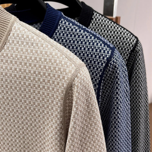 100% Cotton Textured Grid Knit Sweater – Long Sleeve Crewneck Slim Fit Pullover for Autumn Winter (3 Colors, M-4XL)