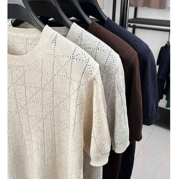 Men's Linen Blend Short Sleeve Sweater | Lightweight Breathable Hollow Out Knit | Summer Crew Neck Cool T-Shirt Top