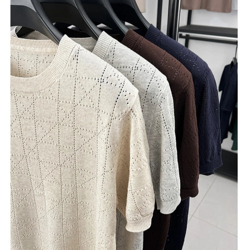 Men's Linen Blend Short Sleeve Sweater | Lightweight Breathable Hollow Out Knit | Summer Crew Neck Cool T-Shirt Top