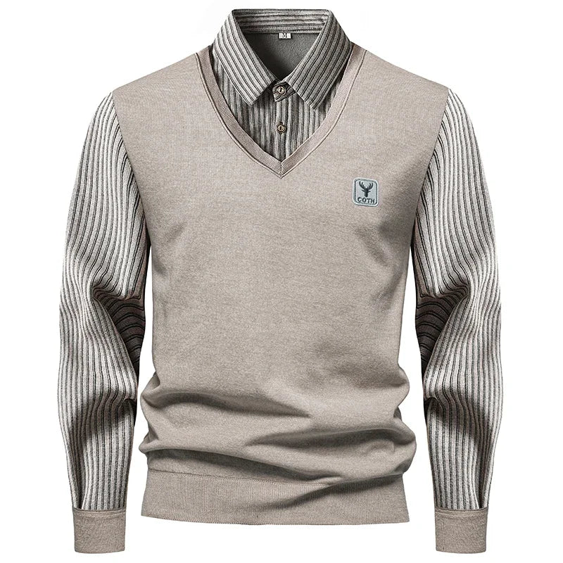 Male Business Knitted Sweater Fake Two Piece Vest Outer Striped Long Sleeve Lapel Shirts Soft Warm Daily Pullover
