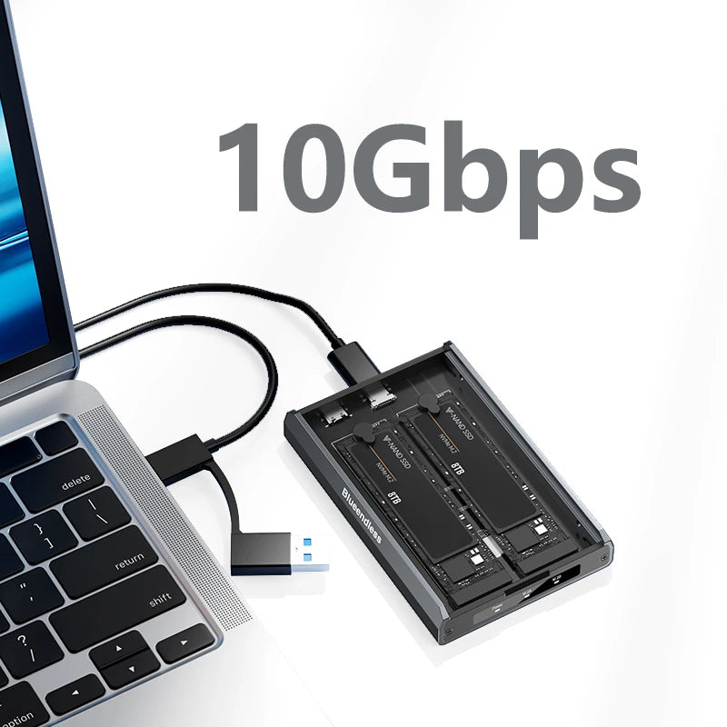 ប្រអប់ដាក់ SSD ខាងក្រៅ Blueendless Dual Bay M.2 NVMe SSD ប្រភេទ USB3.2 Gen2 10Gbps Type-C 2230 2242 2260 2280 ធ្វើពីអាលុយមីញ៉ូម