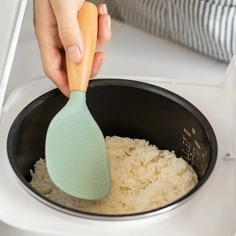 Vertical Silicone Rice Spoon with High Temperature Resistant Wooden Handle and Non-stick Rice Spoon Cute Kitchen Accessory