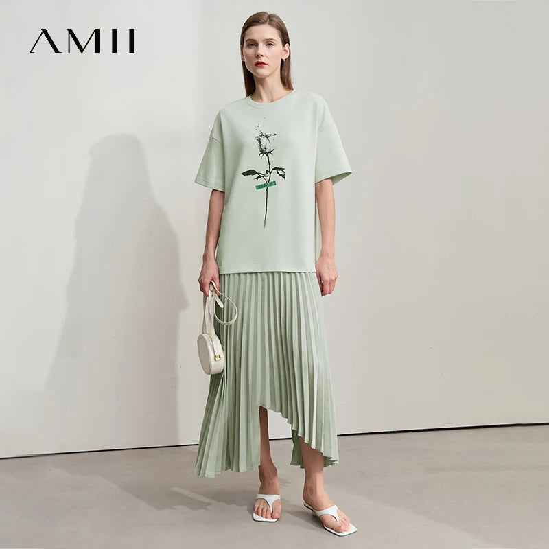 រ៉ូបនារី Amii សាមញ្ញសម្រាប់ការធ្វើដំណើរទៅធ្វើការ ស្រាល យុវវ័យ ដៃខ្លី បោះពុម្ពលើក្រណាត់សូត្រ 12521014