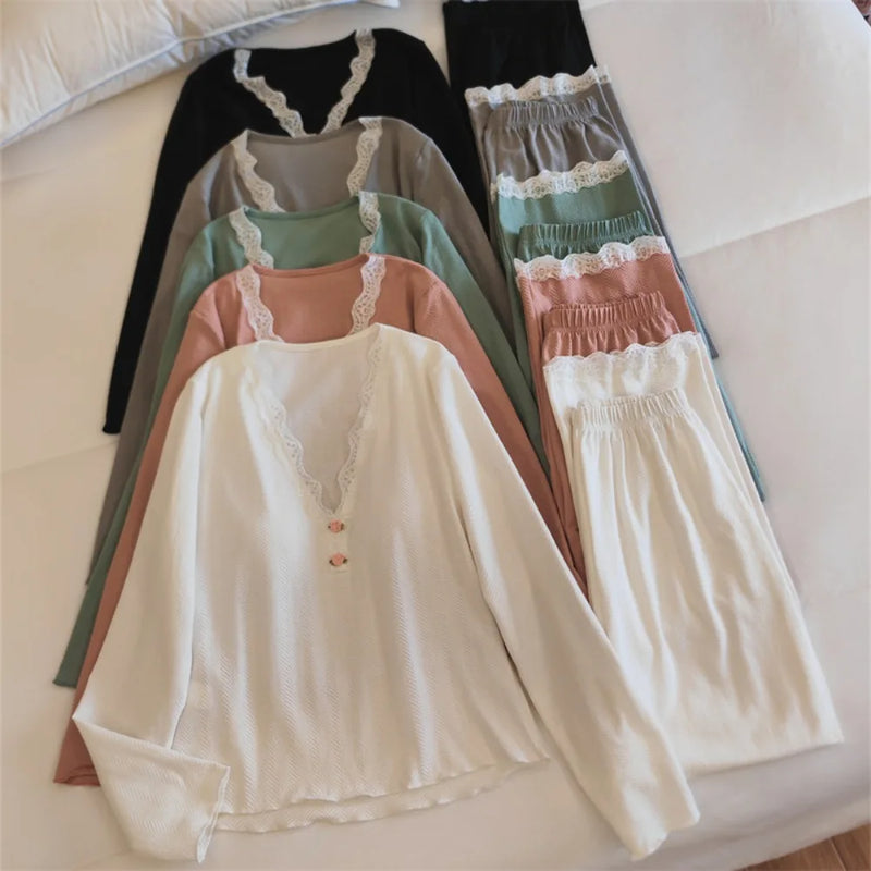 2 Pieces V-neck Women’s Loungewear Chest Pads Sleepwear Women Nightwear Autumn New Long Sleeve Pajamas Set Elegant Loungewear