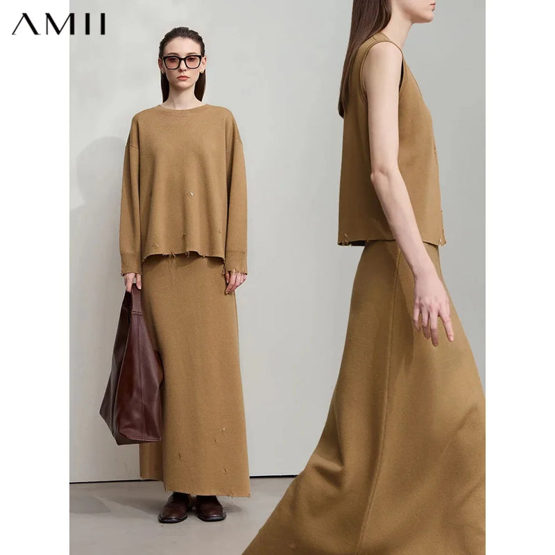 សំពត់ AMII របស់ស្ត្រី Minimalism ឆ្នាំ 2026 រដូវស្លឹកឈើជ្រុះថ្មី អាវប៉ាក់រឹង O-Neck រលុង អាវយឺតមធ្យម សម្លៀកបំពាក់ស្ត្រីដាច់ដោយឡែក 12554006