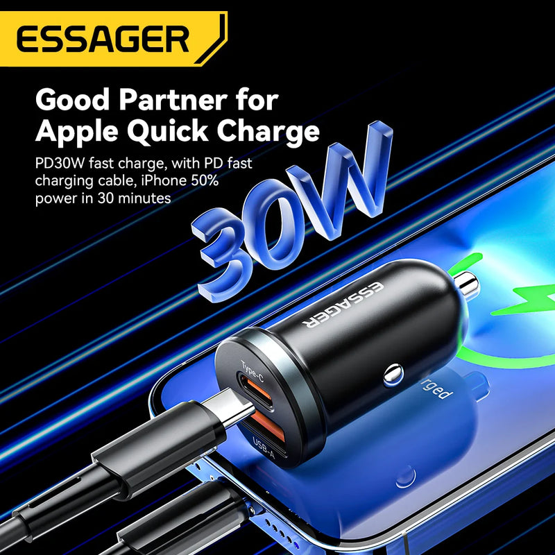 ឆ្នាំងសាករថយន្ត Essager 30W USB C ប្រភេទ C ឆ្នាំងសាករហ័ស PD QC 3.0 SCP 5A សាកថ្មលឿនសម្រាប់ទូរស័ព្ទ iPhone Xiaomi Samsung