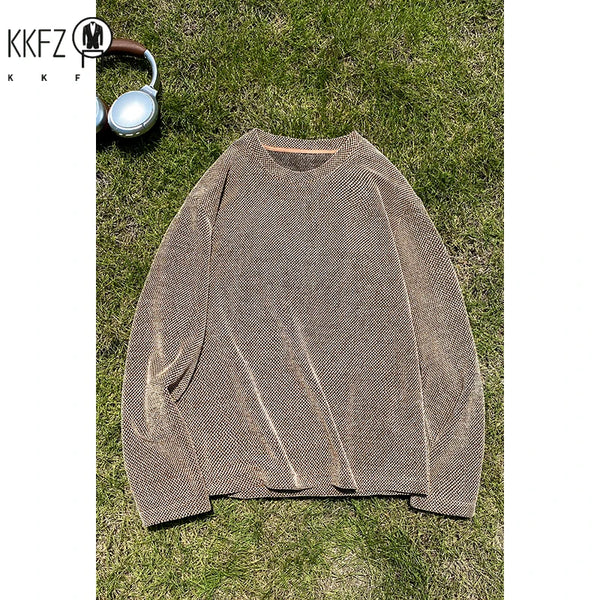 Male Street Fashion Long Sleeve Knit Shirt Crew Neck Vintage Washed Dye Gradient Texture For Outdoor Hangout Wear