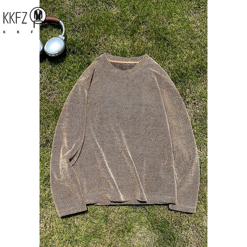 Male Street Fashion Long Sleeve Knit Shirt Crew Neck Vintage Washed Dye Gradient Texture For Outdoor Hangout Wear