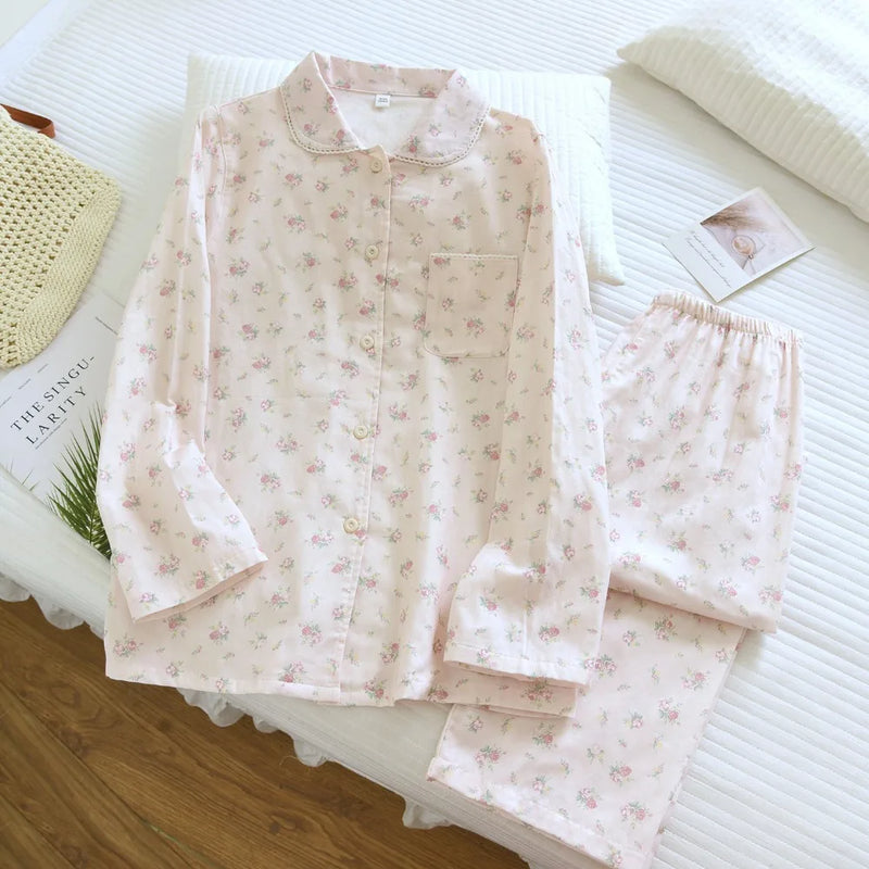 Pure Cotton Pajamas For Women Pyjamas Autumn Long-Sleeve Lapel Sleepwear Cotton Women's Loungewear Pjs Home Suit Sleeping Wear