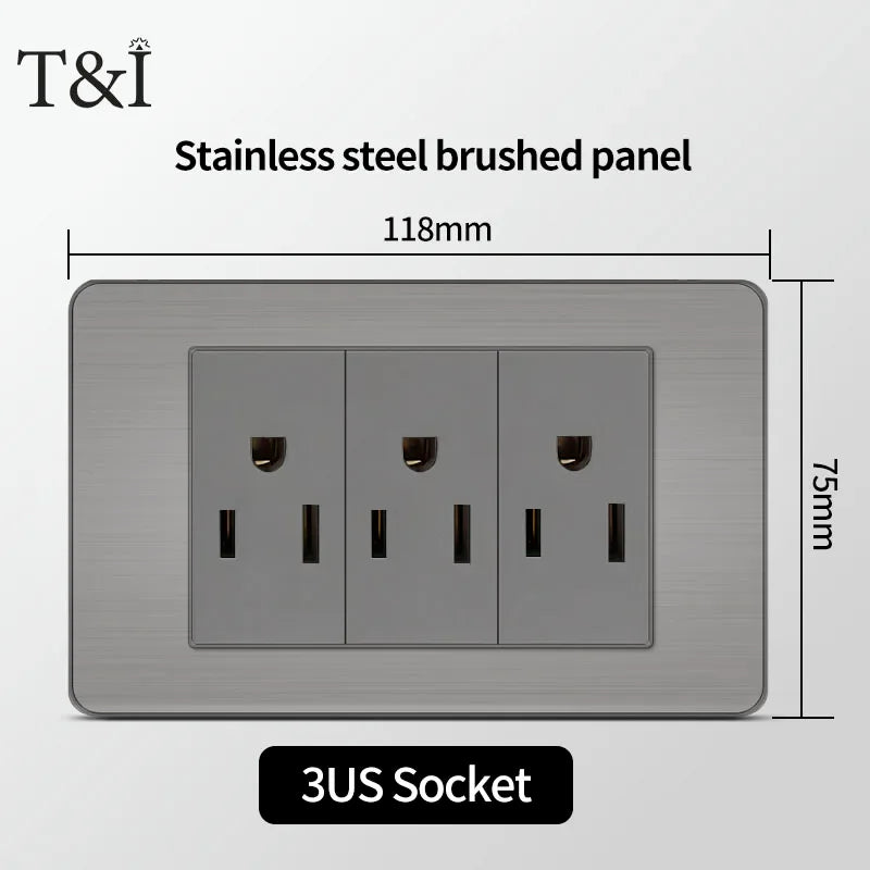 T&I 118 Premium Stainless Steel Brushed Wall Socket with USB Type - C, US Switch, Thai Plug for Home & Office Use