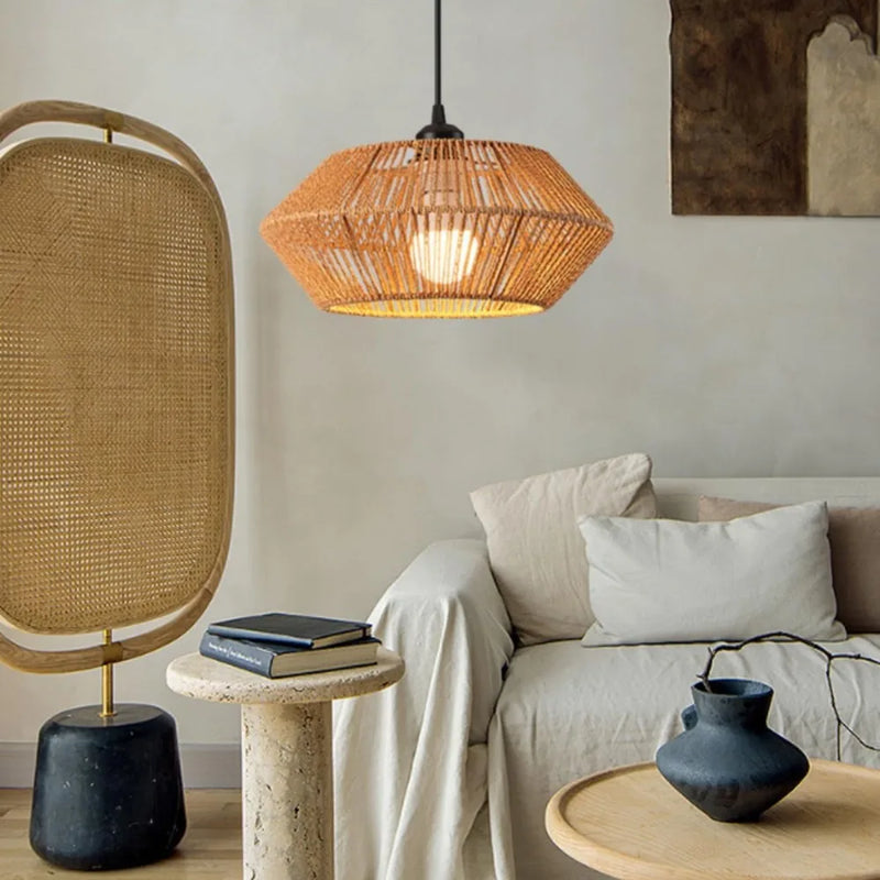 32CM Boho Rattan Pendant Light Wicker Chandeliers Woven Lampshade Ceiling Hanging Lights for Living Room Bedroom Hallway E27