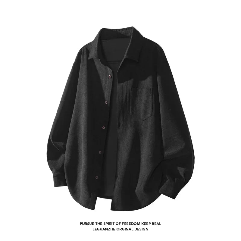 Men Minimalist Oversized Corduroy Top Lapel Collar Button Down Chest Pocket For Everyday Urban Casual Dressing