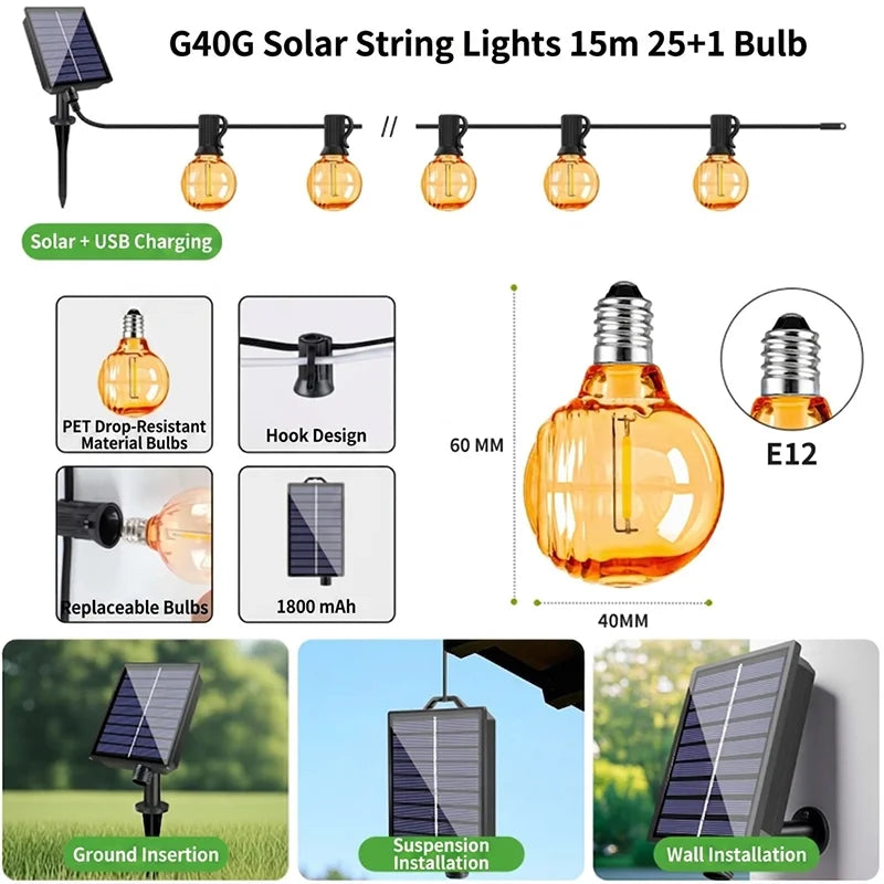 ភ្លើងខ្សែសូឡា G40 ទំហំ 50/100 ហ្វីត អាចបន្ថយពន្លឺបាន ភ្លើងហ្គាហ្សេបូ 8 របៀប ចង្កៀងប៊ីស្ត្រូ ការពារទឹក ភ្លើងព្យួរសូឡា ធន់នឹងការបែក