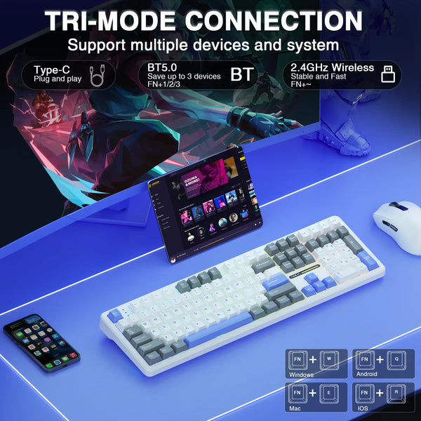 AULA F108 Wireless Keyboard Low-noise Switch Macro Gaming keyboard Gasket Hot-swap Full Size Keyboard