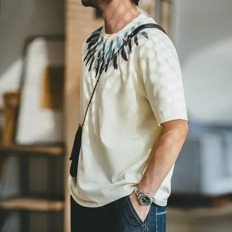 Maden Summer Short Sleeve T-Shirts for Men 100% Cotton Vintage Indian Eagle Feather Bird Print Tees Casual Loose Fit Tops